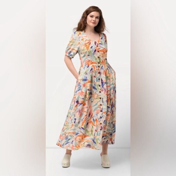 Ulla Popken Von Landen Watercolor Floral Button Front Dress 30 Linen wedding - Picture 1 of 14